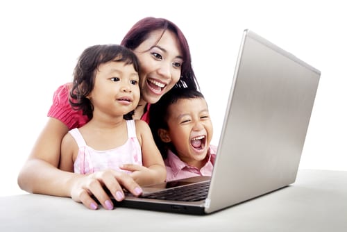 mom and kids at computer